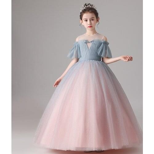 Glitter Flower Girl Dress for Wedding Draped Flare Sleeve Off Shoulder Tulle Lace Girls Clothes Ball Gowns First Communion Dress