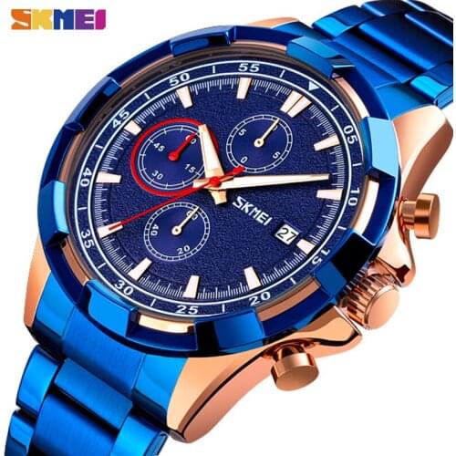 SKMEI Luxury Blue Stainless Steel Men Watches Chronograph Quartz Watch Fashion Waterproof Sports Clock Business Man Reloj hombre
