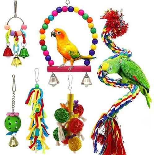 6Pcs Cockatiel Parrot Finch Birds Wooden Swing Chewing Hanging Bell String Toys Colored Bird Entertainment Educational Toys