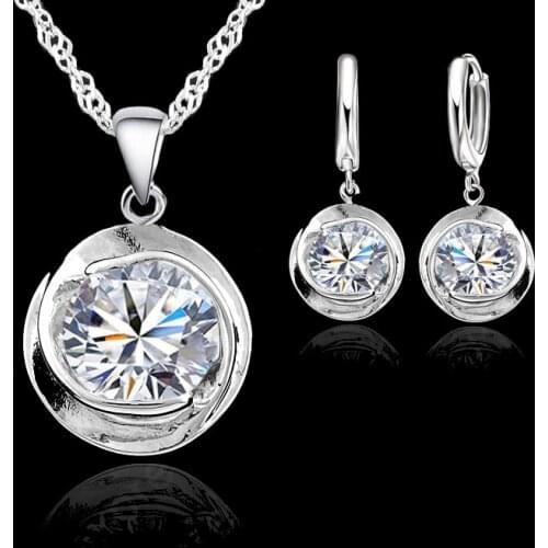 Elegant CZ Crystal 925 Sterling Silver Round Cubic Zirconia Stone Pendant Necklace Lever Back Earring Woman Jewelry Sets
