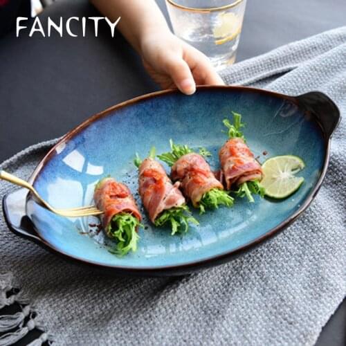 FANCITY Creative kiln glazed ceramic tableware ocean blue oval fish plate double ear fish plate salad plate underglaze