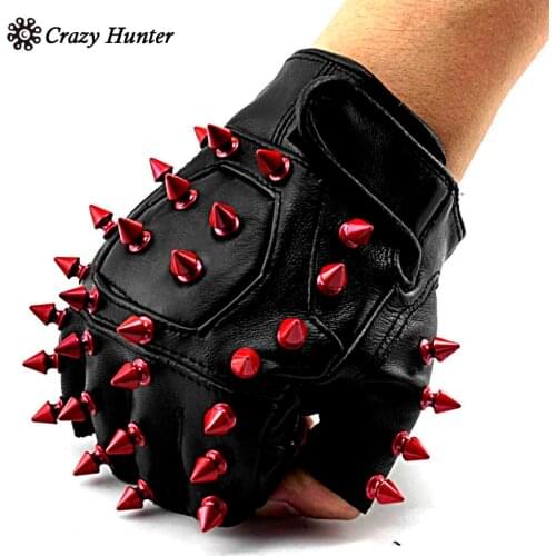 Red Metal Spike Studded Leather Fingerless Gloves Cosplay Biker Rock