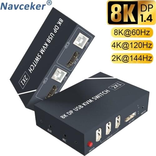 2021 Best 8K KVM DP Switch Dual Monitor 2 In 1 Out Displayport KVM Switch 2 Port 4K 60Hz KVM Switch Share Printer Keyboard Mouse