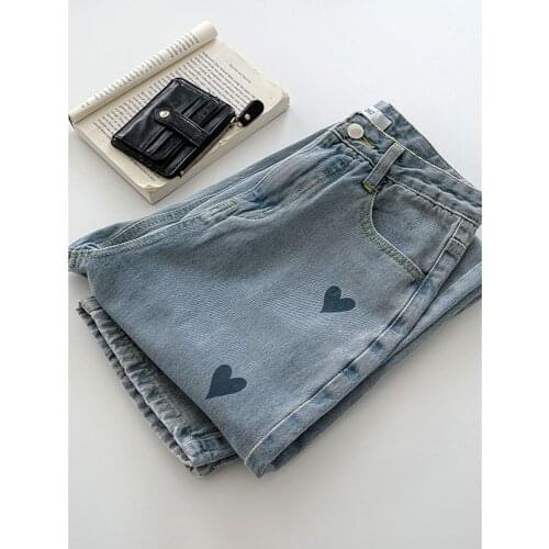2021 New Women Denim Boyfriend Blue Jeans For Woman Side Love Heart Embroidery High Waist Korean Thin Straight Pants Trousers