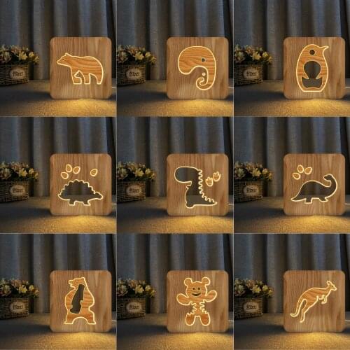 Wholesale 72 Styles Wooden Shape Animal Night Light Luminaria 3D Lamp USB Powered Desk Lights Xmas Gift Dropshipping