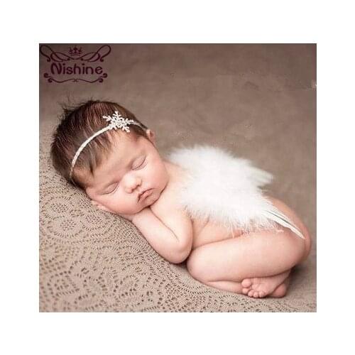Nishine Newborn Feather Angel Wing With Snow Rhinestone Headband Kids Hair Accessories For Newborn Photography Props