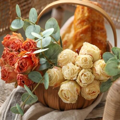 Retro Burnt Fake Flower Design Indoor Decoration Bonsai American Country Style Handmade Artificial Flower Rose Yellow Orange