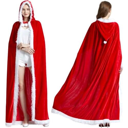 Christmas Santa Claus Cape Xmas Adult Womens Girl Fur Costume Red Bridal Ladies Fancy Dress Winter Wedding Hooded Velvet Cloak