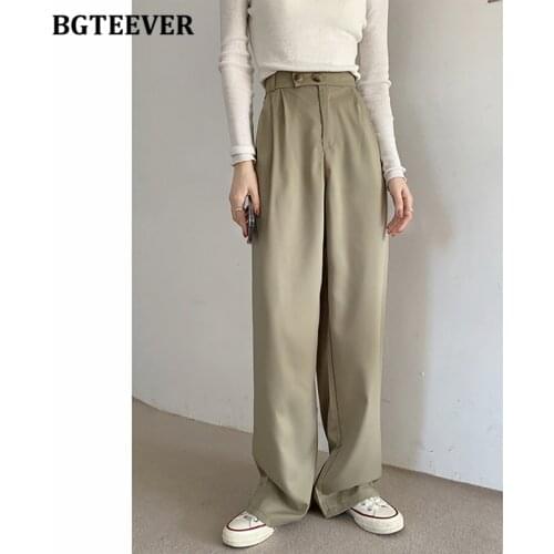 BGTEEVER Stylish Double Button High Waist Loose Female Wide Leg Trousers 2021 Summer Pockets Ladies Floor-Length Suit Pants