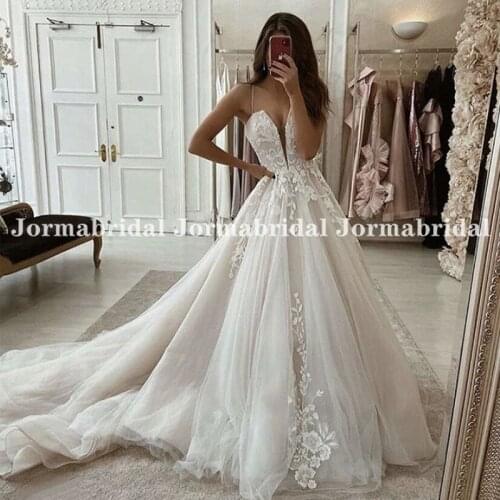 Deep V-neck Spaghetti Straps Wedding Dresses Elegant A Line Soft Tulle With Lace Appliques Bridal Gowns vestidos De Noiva