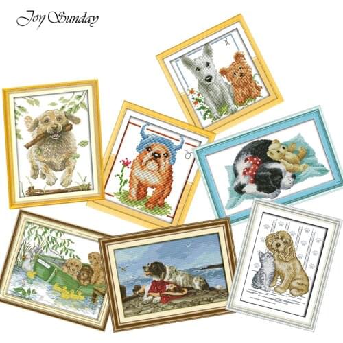 Cat and Dog 2 Joy Sunday Chinese Cross Stitch Kits Animals Printed Canvas Fabric DIY 11CT 14CT DMC Embroidery Floss Needlework