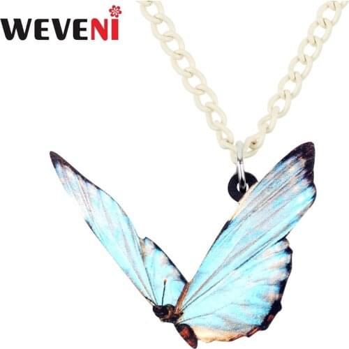WEVENI Acrylic Elegant Blue Butterfly Necklace Pendant Long Chain Collar Long Trendy Insect Jewelry For Women Girls Bijoux Gift