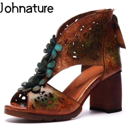 Johnature Genuine Leather 2020 New Summer Sandals Casual High Heels Zipper Floral Retro National Style Shallow Women Shoes