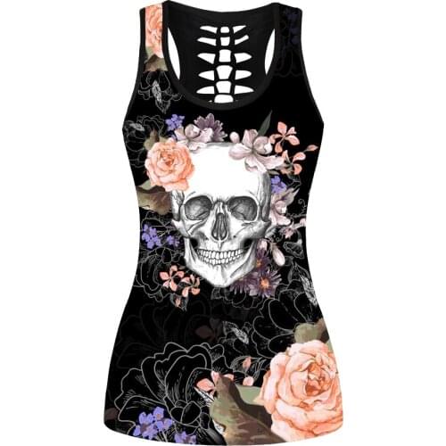 New Summer Women Running Tanks Skull Skeleton Printing Black Sports Tops 6 Patterns S To 4xL