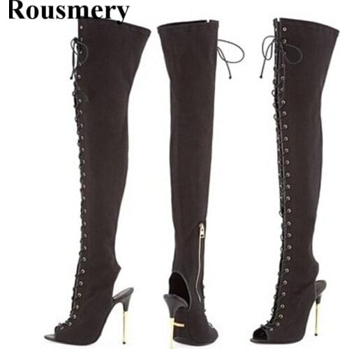 Hot Sale Women Fashion Open Toe Lace-up Black Suede Leather Over Knee Gladiator Boots Stiletto Heel Cut-out High Heel Boots