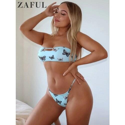 ZAFUL Sexy Strapless Thong Bikini Set Women Butterfly Print Cutout Tanga Bandeau Swimwear Summer Female Brazilian Beach Swimsuit