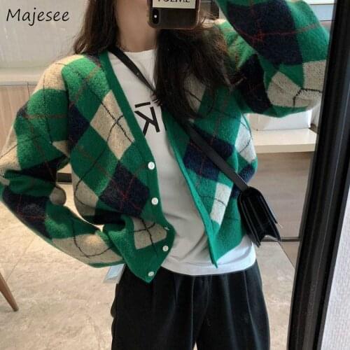 Sweater Women Argyle Vintage V-neck Knitted Spring All-match Students 90s College Cardigan Sweet Fashion Harajuku Leisure Mujer