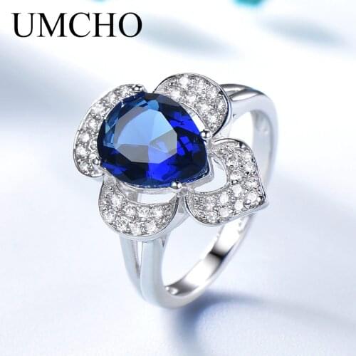 UMCHO Genuine 925 Sterling Silver Ring Gemstone Blue Sapphire Rings for Women Halo Party Wedding Engagement Jewelry Gift for Her