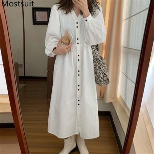 V-neck Single Breasted Women Long Dress 2021 Autumn Full Sleeve Loose Waist Midi Shirt Dresses Korean Vintage Ladies Vestidos