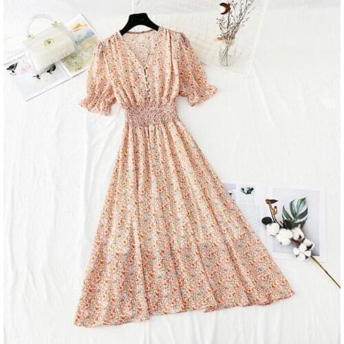 Women Summer Long Dress Korean Print Sundress Short Sleeve V Neck Chiffon Dresses 2021 New Holiday Beach Floral Dress
