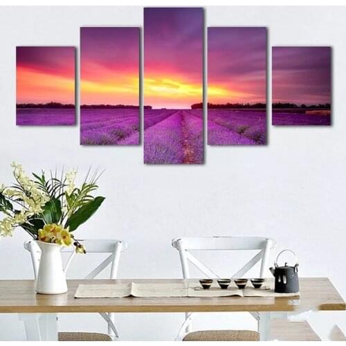 5 Pieces Romantic Lavender Sea Sunset Landscape Modern Canvas Painting Framed Printed Wall Art Pictures Poster Room Home Decor