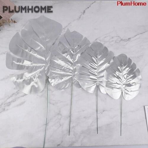 5pcs Silver Artificial Turtle Leaves Scattered Tail Leaf for Wedding Festival Decoration Home Garden Fake Palm Leaf Supplies 85