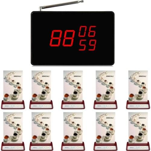 SINGCALL Wireless System Call the Waiter,Restaurant Table Service,1 Black Small Display and 10 Brand Service Red Call Buttons