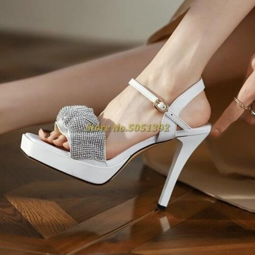 Crystal Square Toe Sandals Thin High Heel Ankle Strap White Black Dress Women Shoes Open Toe Bling Bling Women Dress Shoes
