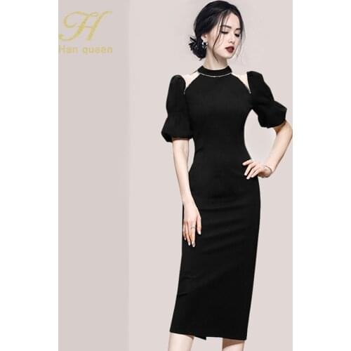 H Han Queen Summer Version Diamond Vintage Black Sheath Bodycon Pencil Dresses Office Chic French Style Lady Evening Party Dress