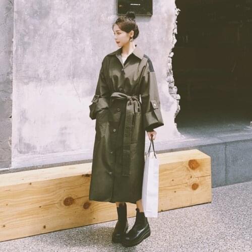 Tooling Windbreaker Female 2021 Spring Autumn New Lapel Single-breasted Loose Cuff Sleeves Long Personalized Fashion Jacket 5C