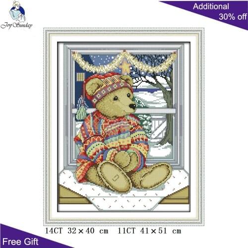 Joy Sunday Christmas Bear Home Decor D704 14CT 11CT Stamped and Counted Bear In the Window Christmas Cross Stitch Kits