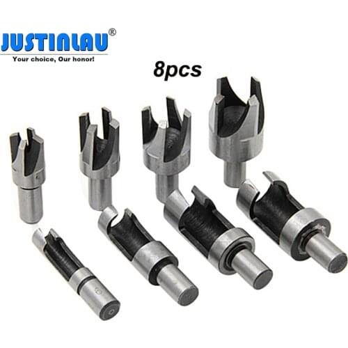 JUSTINLAU 8pcs Wood Plug Cutter Claw Cylinder Tenon Drill Bit Set Straight Tapered Woodworking Cork Drill Bit Knife Cutting Tool
