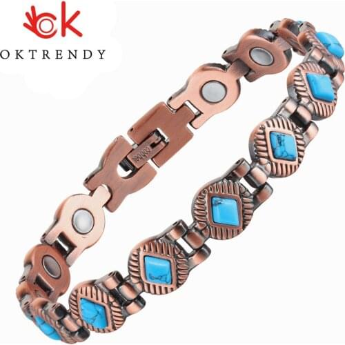 Oktrendy Copper Magnetic Bangle Bracelet with Natural Gem Stone Women Vintage Copper Magnetic Bracelet Arthritis Chain Wristband
