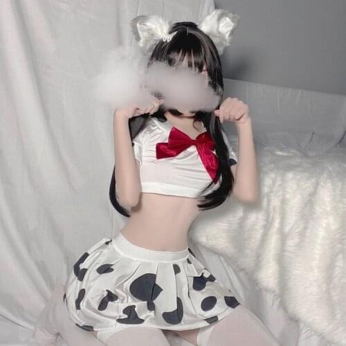 Kawaii Cow Uniform School Girl Anime Cosplay Costume Ladies Sleepwear Erotic Dress for Women Lolita Soft Lace Miniskirt Outfit