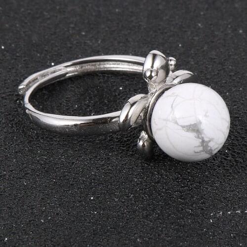Fashion Women Girls Silver Plated Turtle Resizable Rings With Natural Gem Stone 10mm Round Bead BOHO Thin Ring Jewelry 2020 New