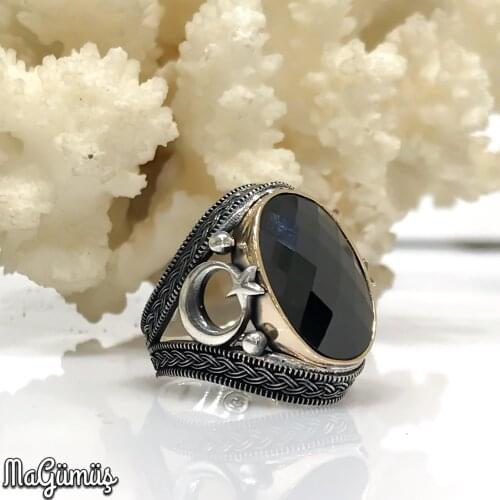 Black Facet Cut the Moon the stars Hand Production Silver Men 'S Ring