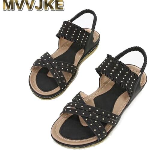 MVVJKE Women Shoes Summer National Style Ladies Sandals Beach Travel Bohemian Rivet Plus Size Flat Shoes Female