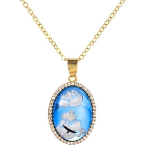Blue Sky White Cloud Pendant Necklace Transparent Resin Glass Necklace Creative Round Eagle Pattern Necklace Women Jewelry Gift