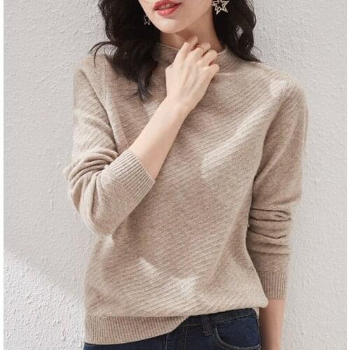 2021Spring Autumn and Winter New 100% Pure Wool Semi-high Round Neck Woolen Sweater Womens slim Slim Pullover Warm Outerwear