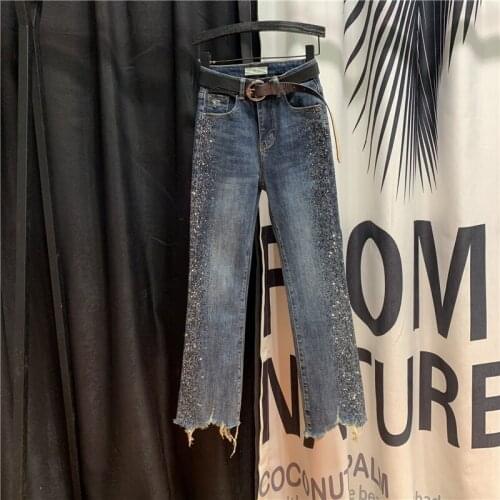 2020 Winter New Jeans Womens High Waist Slimming All-match Hot Drilling Burr Straight-Leg Pants Girls Lady Jeans Student Jean