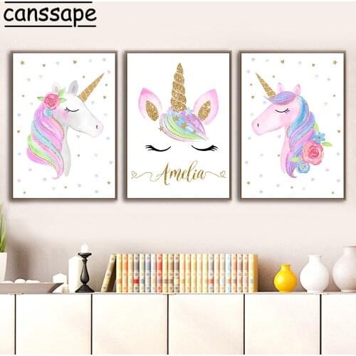 Unicorn Poster Custom Name Posters Cloud Rainbow Print Children Nursery Canvas Painting Nordic Girl Bedroom Unicorn Decoration