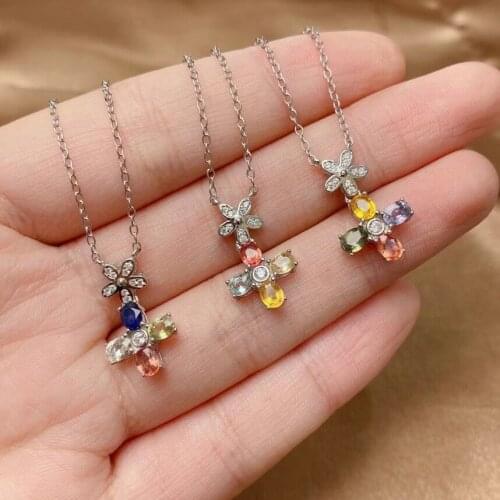 Natural Multicolor sapphire gem Necklace natural gemstone Pendant Necklace S925 silver trendy Clover girl gift party Jewelry