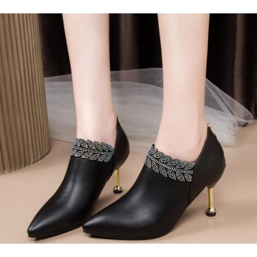 Rimocy Shiny Crystal Pointed Toe Ankle Boots for Women Pu Leather Metal Thin High Heels Boots Woman Fashion Zipper Short Booties