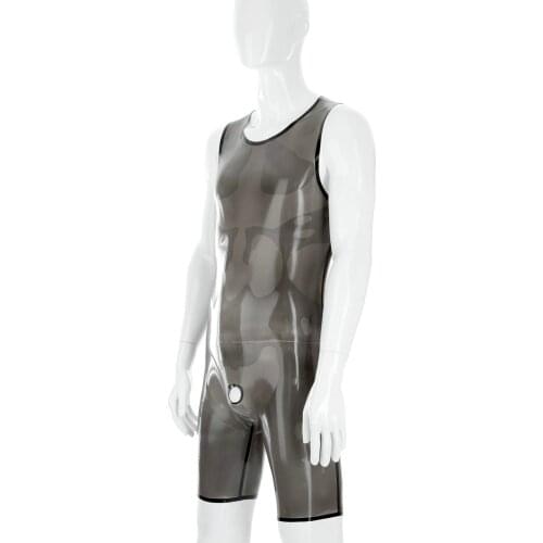 Sleeveless Latex Catsuit Open Crotch Sexy Rubber Bodysuits Half Pants Men’s Tight Clothing Fetish Jumpsuit Athletic Wear no Zip
