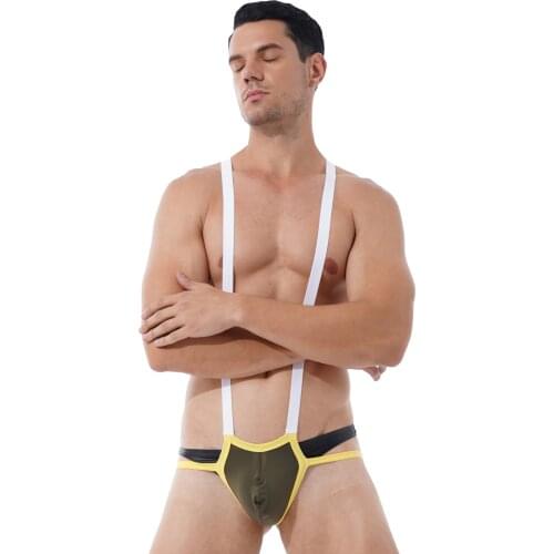 Mens Sexy Lingerie Bulge Pouch Panties Jockstrap Wrestling Singlet Leotard Hollow Out Fishnet Patchwork Back Bodysuit Underwear