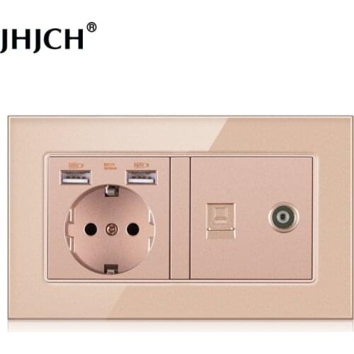 Jhjch EU standard wall socket + TV phone, golden tempered glass rj45 cat6 computer internet wall socket 146*86mm