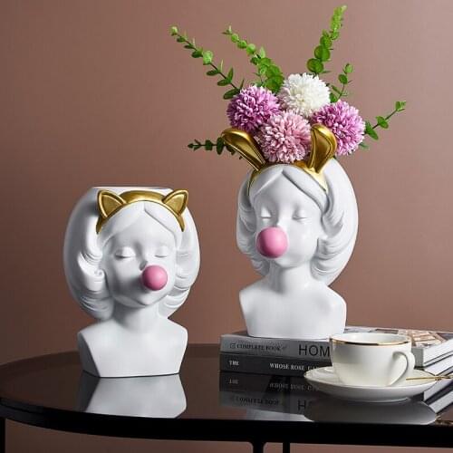 Nordic Modern Resin Vase Home Decoration Cute Girl Blowing Bubbles Decorative Head Carving Flower Vases Pen Holder Vase Flowers