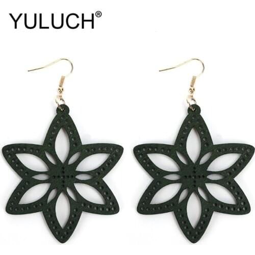 YULUCH Trendy Natural Red Brown Hollow Wood Flower Lily Pattern Long Pendant Earrings Fashion Jewlery For Women Couples Wedding