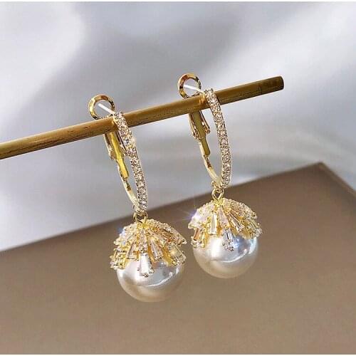 2021 Korean version of the new fashion big ear ring pearl drop earrings female crystal metal temperament rhinestone earrings