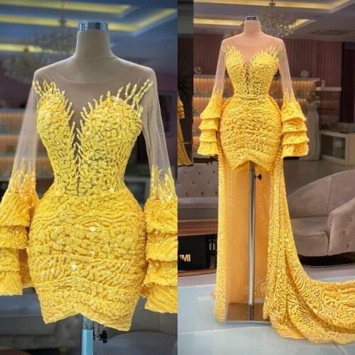 2021 Short Prom Dresses with Detachable Train Long Sleeve Vestidos De Fiesta Beaded A Line Custom Made Women Evening Gowns